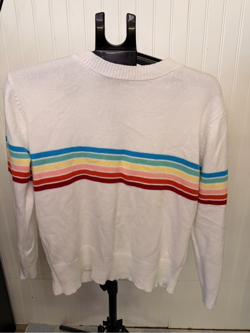 White Crewneck Sweater with Multicolor Stripes